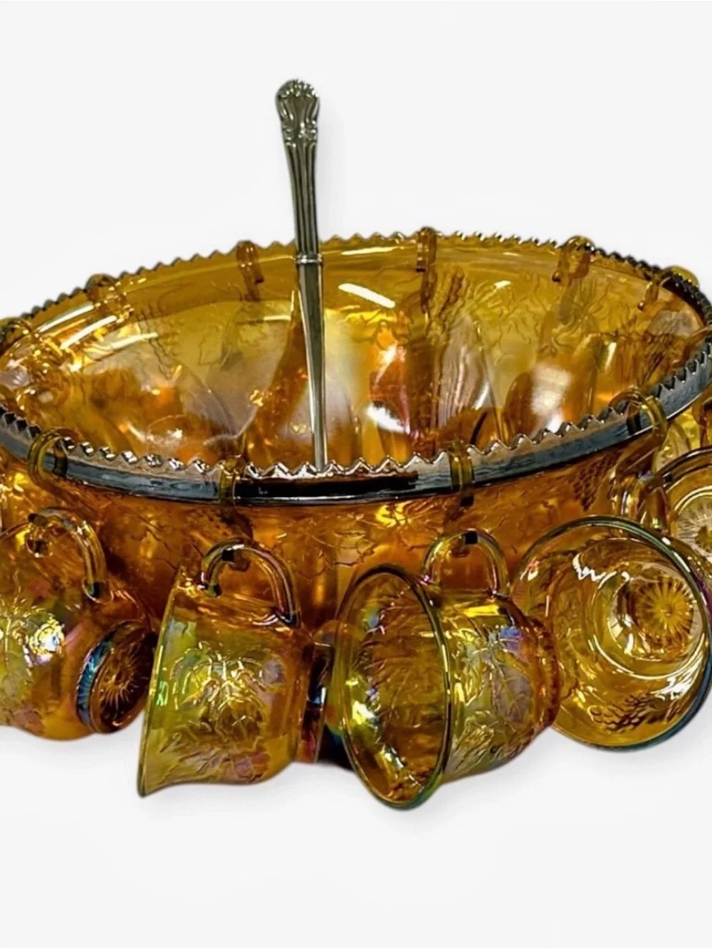 Vintage Indiana Glass Harvest Grape Marigold Carnival Punch Bowl Set 12 Cups